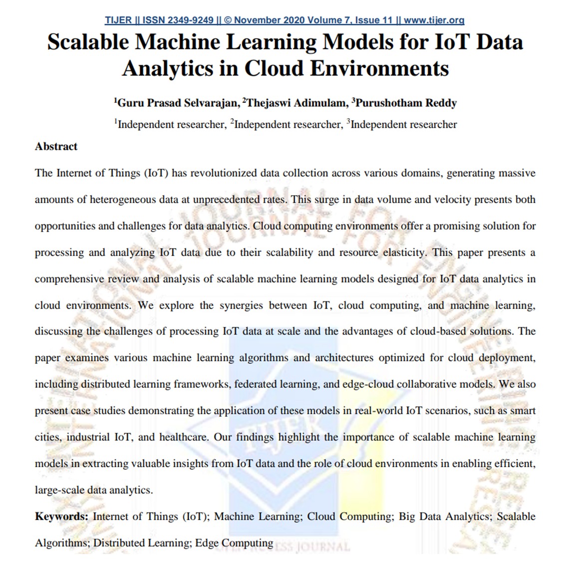 Article: Scalable Machine Learning Models for IoT Data Analytics in Cloud Environments