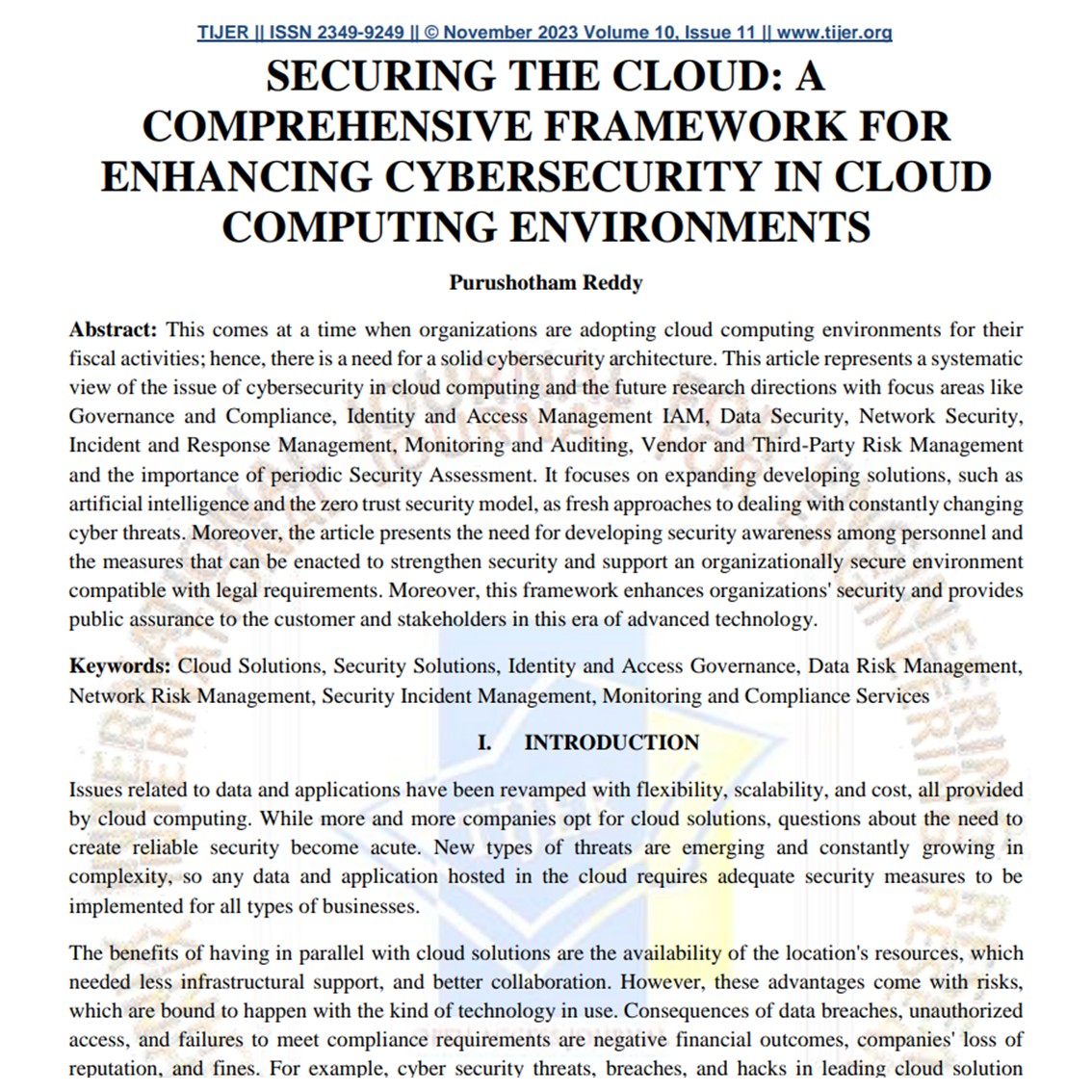 Article: Securing The Cloud: A Comprehensive Framework For Enhancing Cybersecurity In Cloud Computing Environments