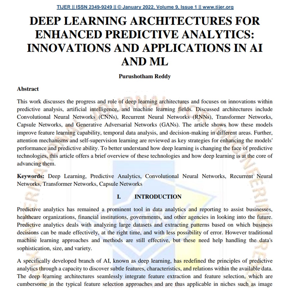 Article: Deep Learning Architectures For Enhanced Predictive Analytics: Innovations And Applications In Ai And Ml