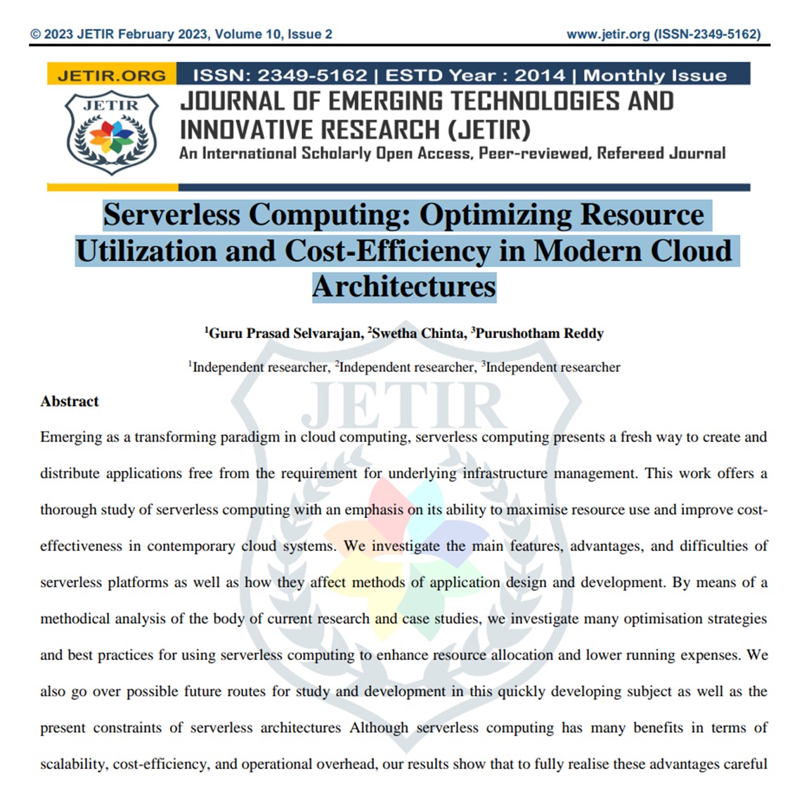 Article: Serverless Computing: Optimizing Resource Utilization and Cost-Efficiency in Modern Cloud Architectures