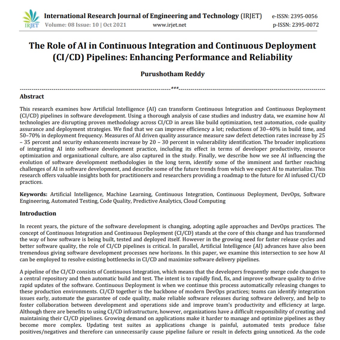 Article: The Role of AI in Continuous Integration and Continuous Deployment (CI/CD) Pipelines: Enhancing Performance and Reliability