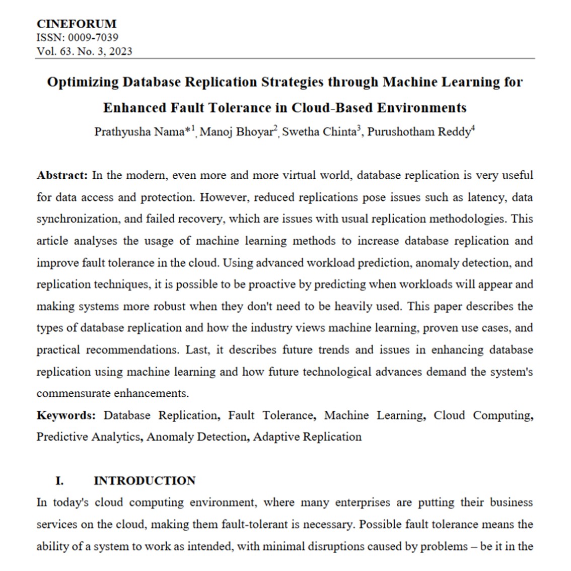 Article: Optimizing Database Replication Strategies through Machine Learning for Enhanced Fault Tolerance in Cloud-Based Environments