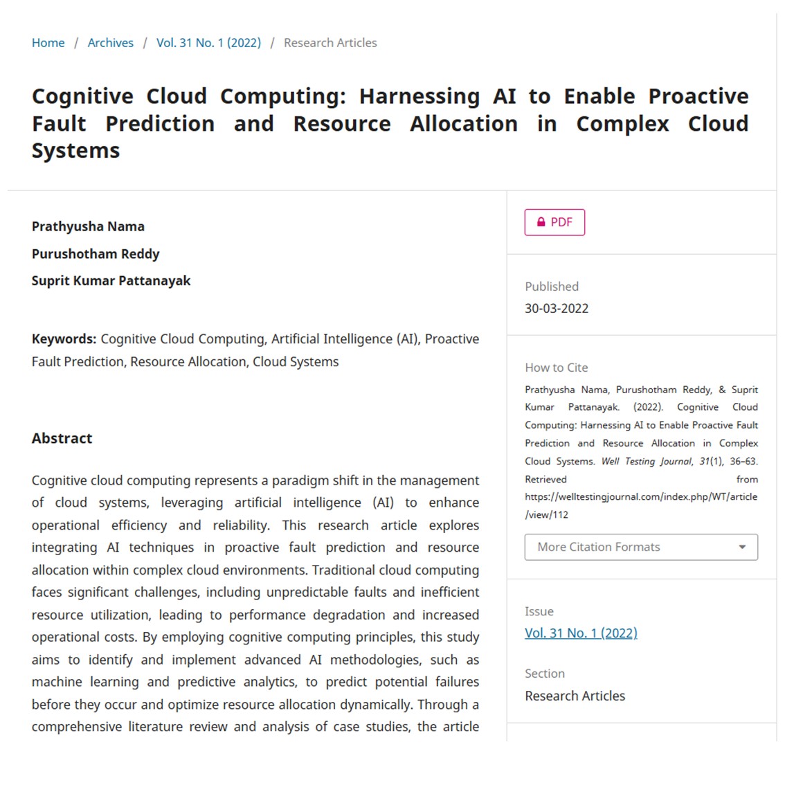 Article: Cognitive Cloud Computing: Harnessing AI to Enable Proactive Fault Prediction and Resource Allocation in Complex Cloud Systems