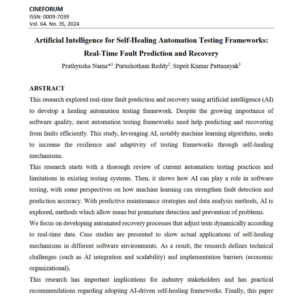 Article: Artificial Intelligence for Self-Healing Automation Testing Frameworks: Real-Time Fault Prediction and Recovery